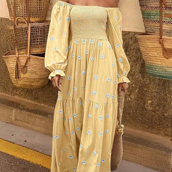 Yellow Boho Women's Long Sleeve Dress - Picture 5 of 6